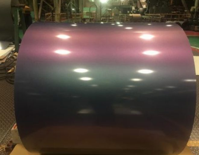 Color shifting coating on prepainted metal coil with chameleon visual effect