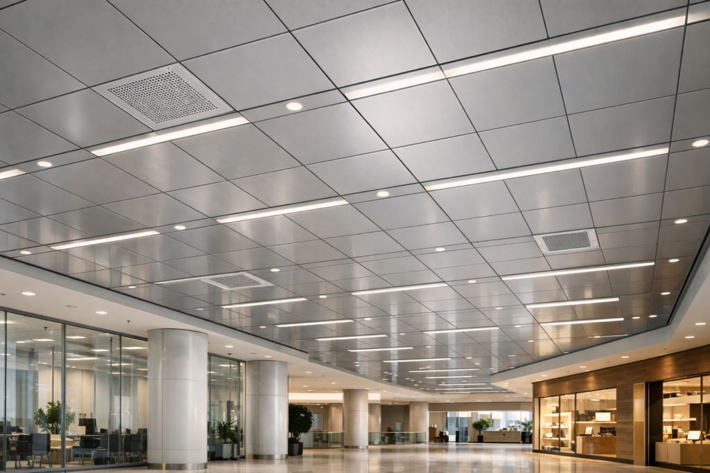 Modern commercial interior with aluminum ceiling panels and suspended metal ceiling grid system with integrated lighting