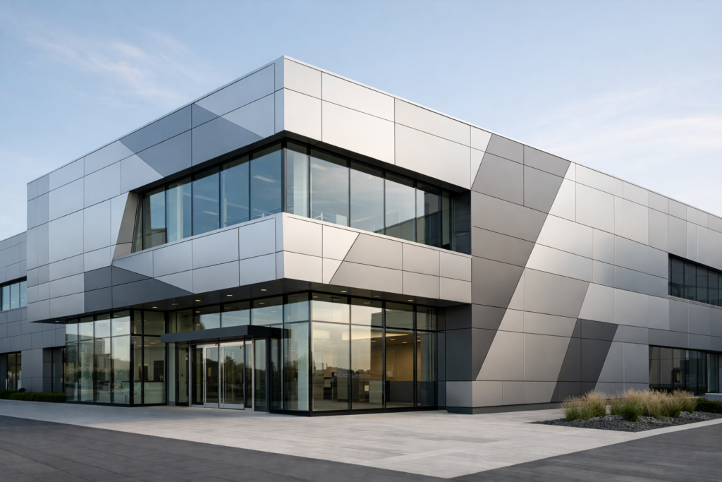 Modern commercial building with aluminum facade cladding panels and geometric architectural design