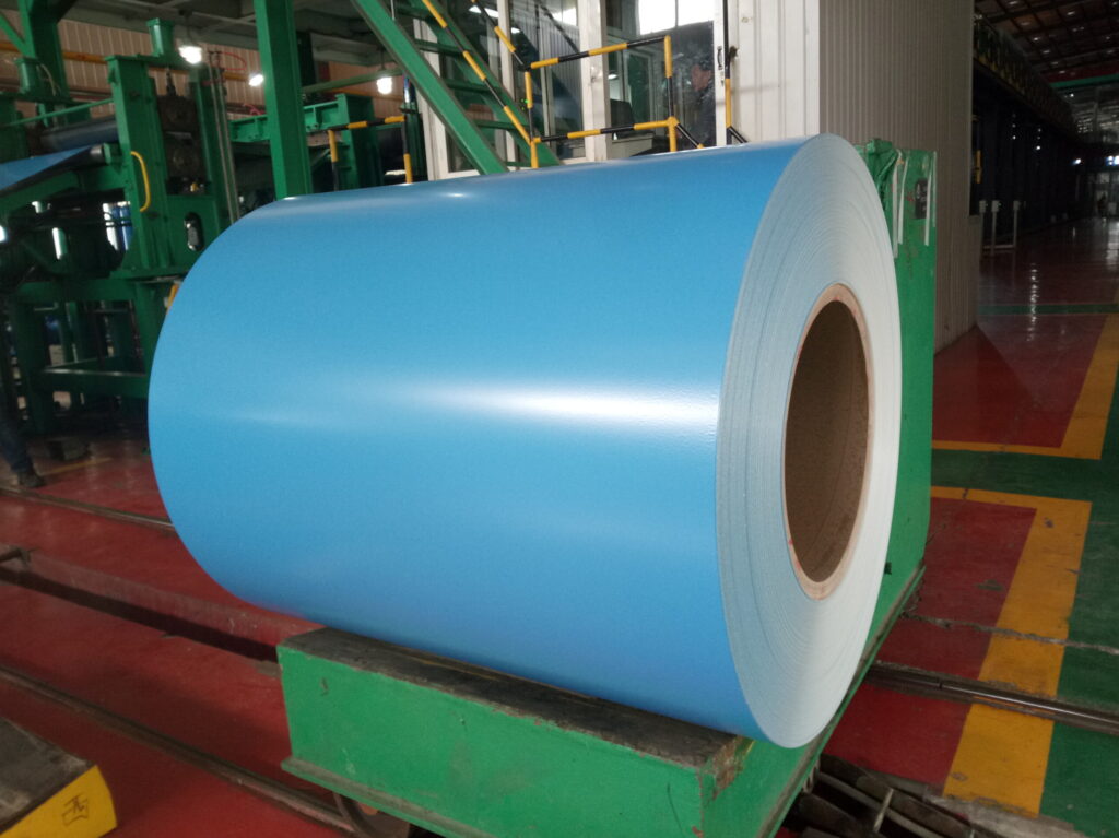 Blue prepainted aluminum coil in factory storage with smooth coated surface