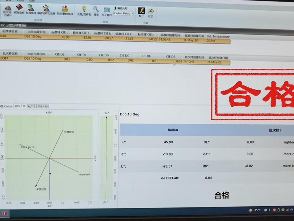 Color difference test using spectrophotometer showing ΔE measurement