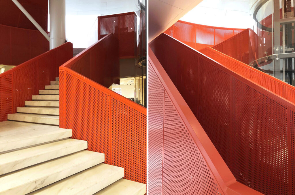 Perforated metal panels used in interior staircase design