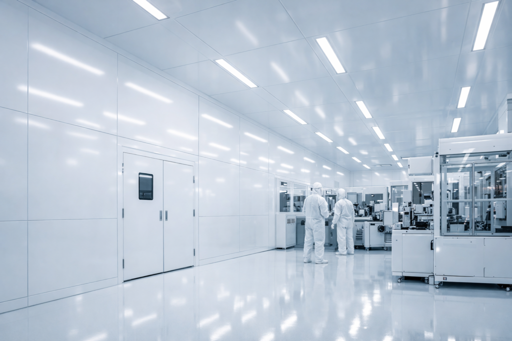 Semiconductor cleanroom interior with white powder coated steel wall and ceiling panels