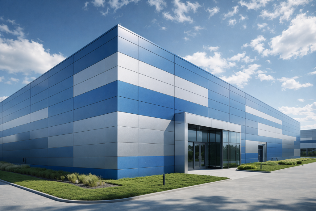 Modern industrial building facade using blue and silver powder coated steel panels