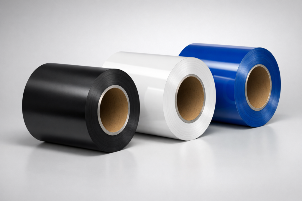 Prepainted aluminum coils in matte black glossy white and royal blue with smooth color coating surface