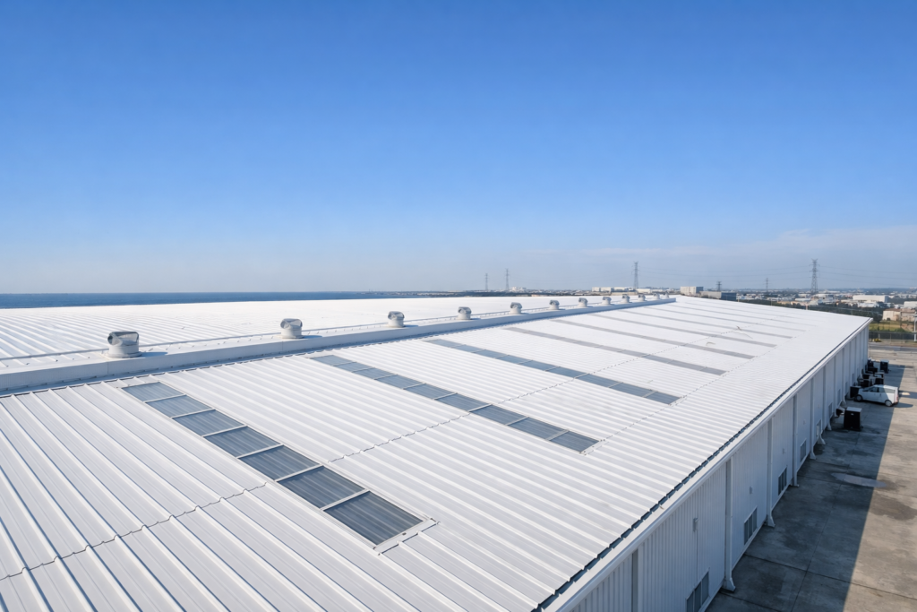 Prepainted steel roofing system for industrial buildings