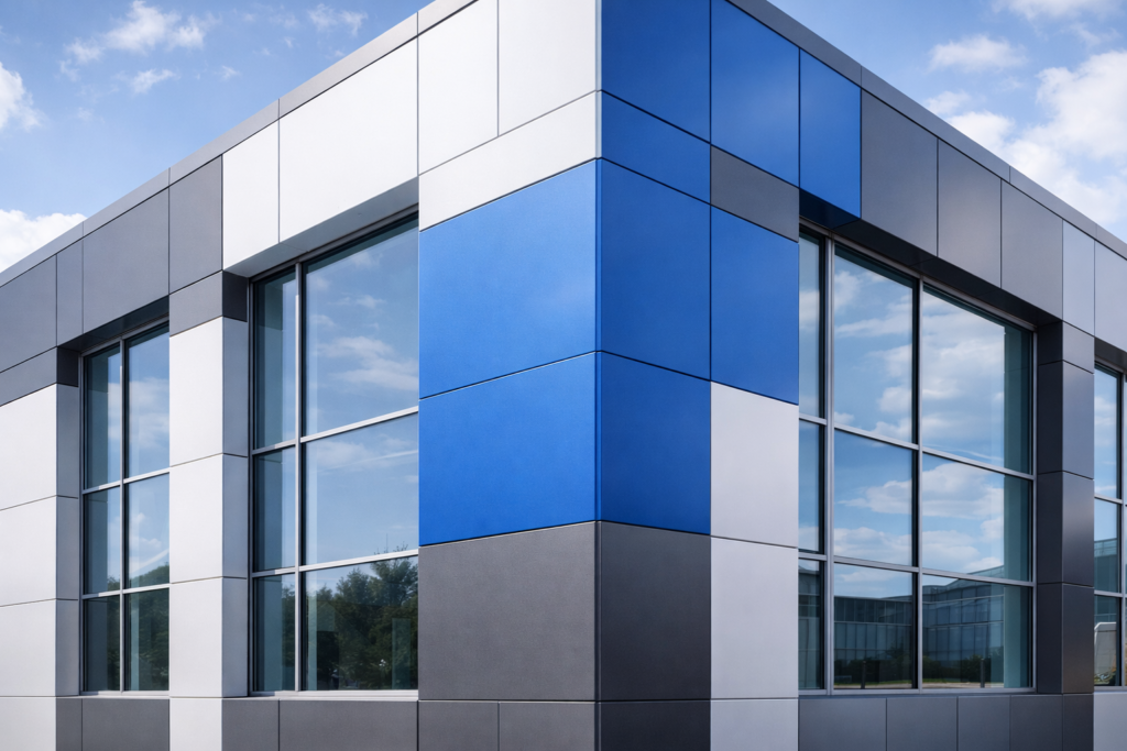 Modern architectural facade made with color coated aluminum panels