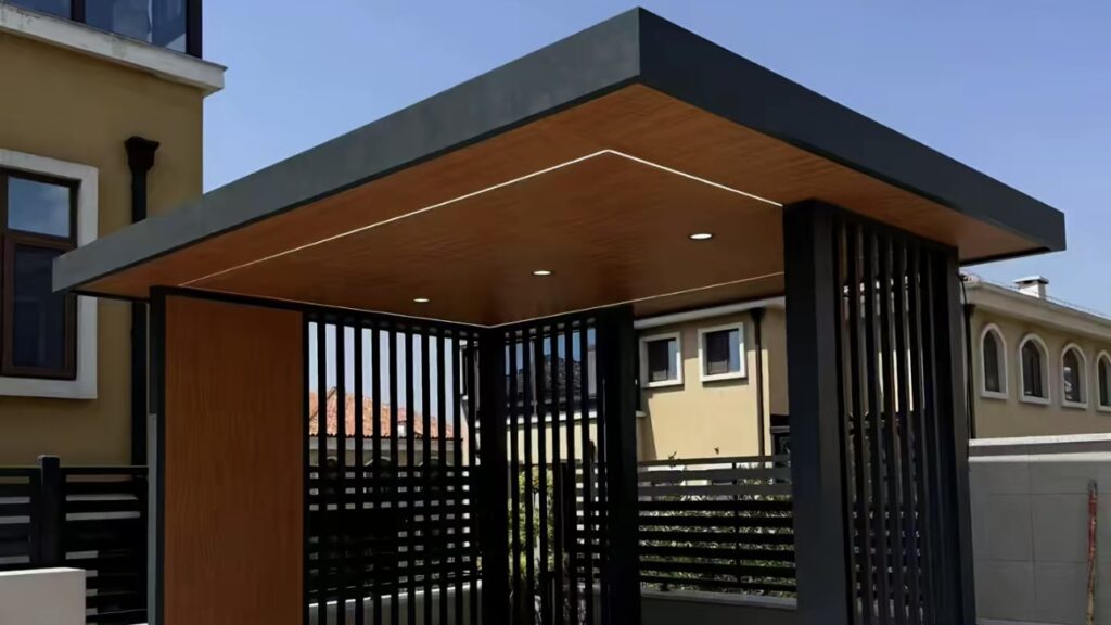 Wood grain coated aluminum pergola canopy used for outdoor shading structure in residential building