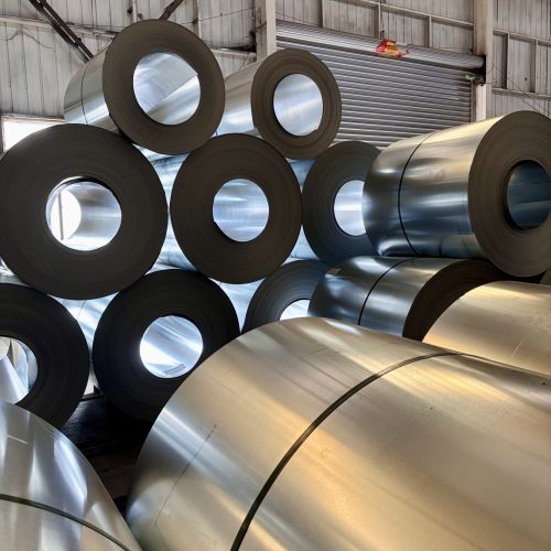 Large aluminum coil stock in warehouse for further coating processing