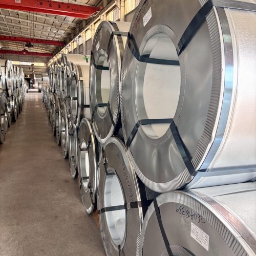 Prepainted aluminum coils stacked in warehouse ready for shipment