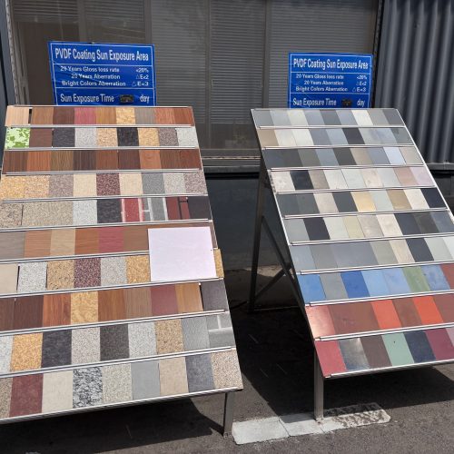 PVDF and PE coated aluminum color samples under sun exposure testing for weather resistance